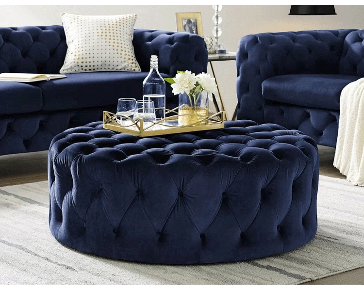 European Style Living Room Furniture Pull Button Velvet Fabric Round Ottoman